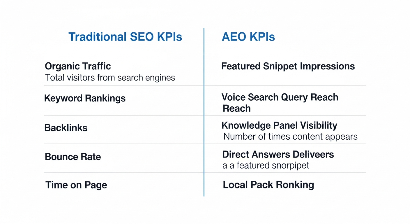 table comparing traditional SEO KPIs vs. AEO KPIs