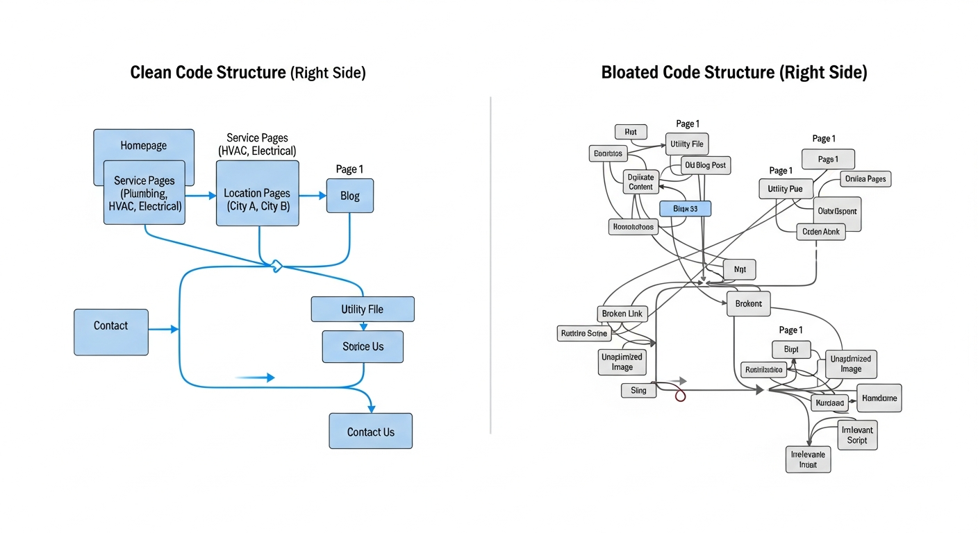diagram showing the path of an AI crawler through a clean vs. bloated code structure