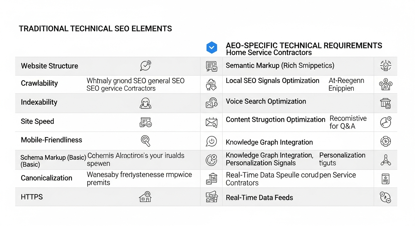 table comparing traditional technical SEO elements vs. AEO-specific technical requirements
