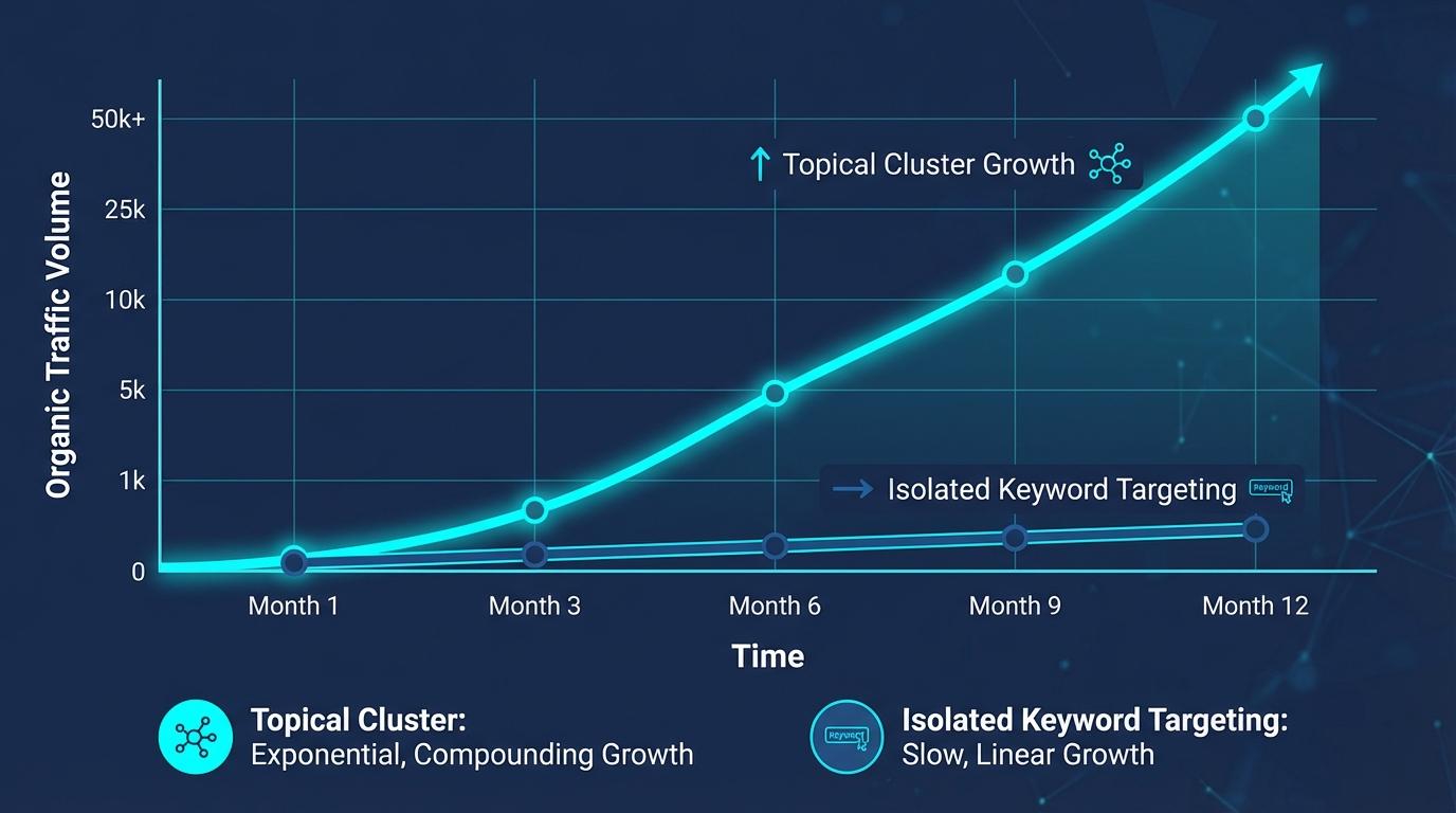 topical cluster vs isolated keyword growth chart