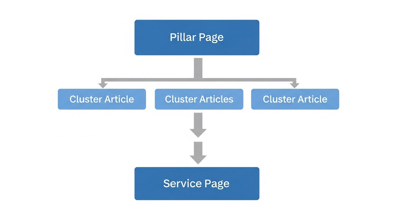 diagram showing Pillar Page -> Cluster Articles -> Service Page flow