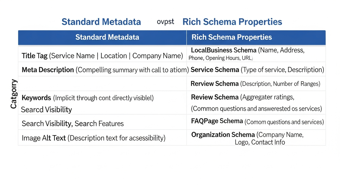 table comparing standard metadata vs. rich schema properties for contractors
