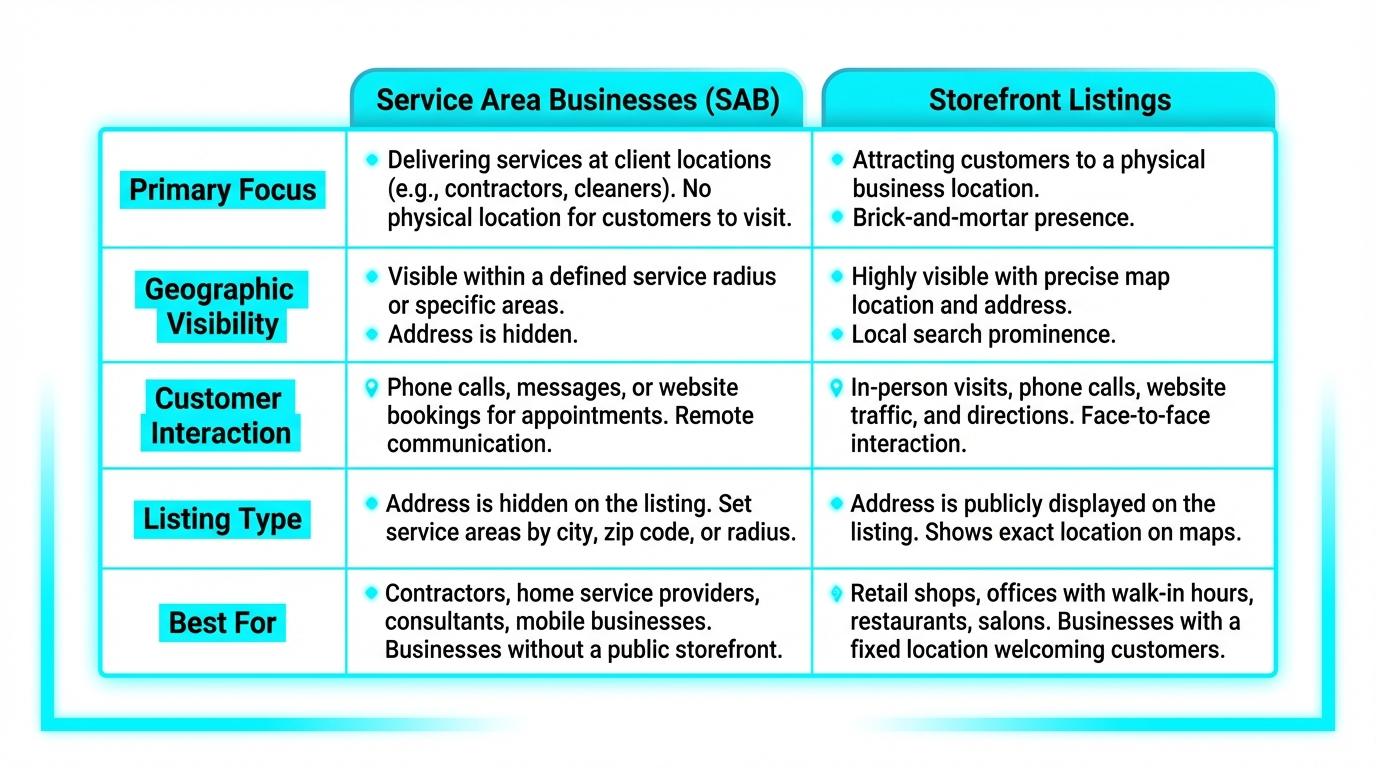 SAB vs storefront contractor GBP primary secondary categories comparison