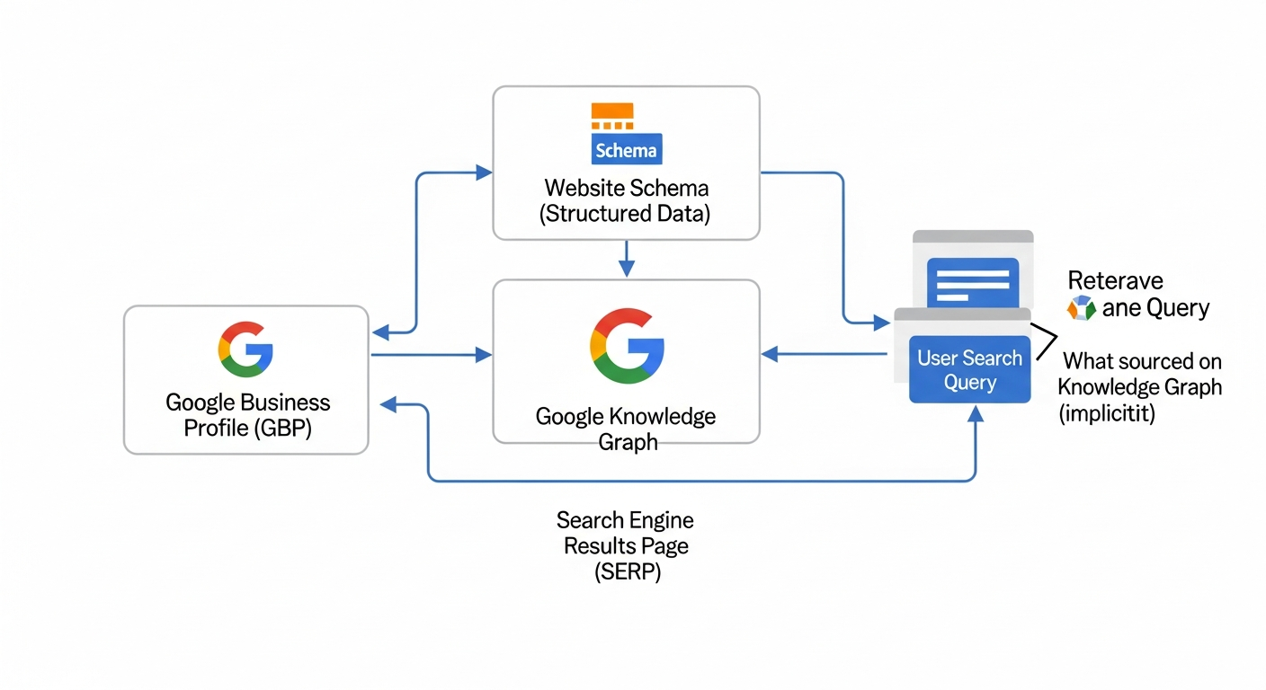 diagram showing the flow of data between GBP, Website Schema, and the Knowledge Graph