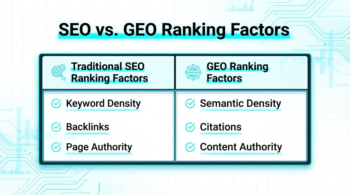 SEO vs GEO ranking factors comparison traditional vs AI-readiness