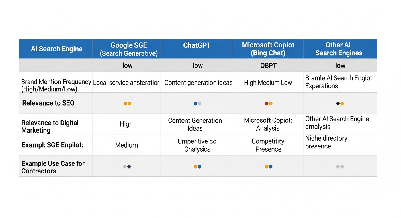 comparison table showing brand mention frequency across AI search engines for contractors
