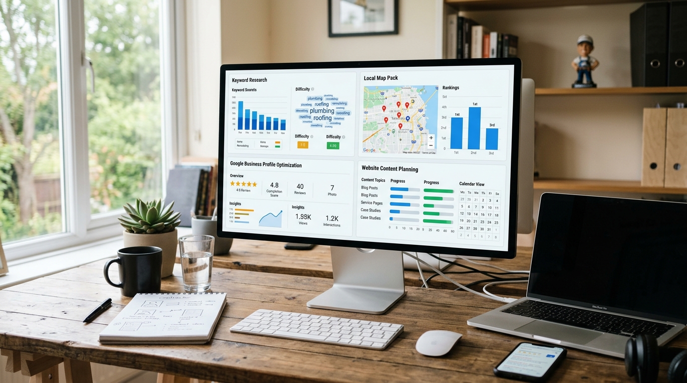 Contractor SEO strategy includes keyword research, Google Business Profile optimization, reviews, and service pages