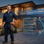 Electrician SEO hero image showing electrical contractor with local search and map overlays