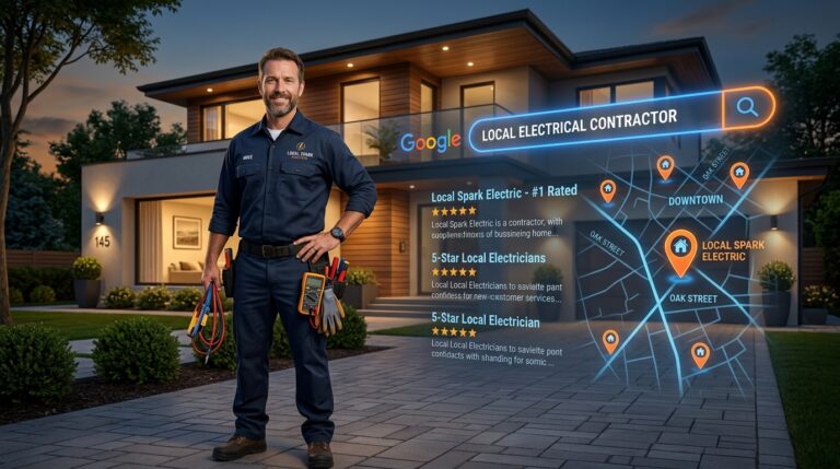 Electrician SEO hero image showing electrical contractor with local search and map overlays