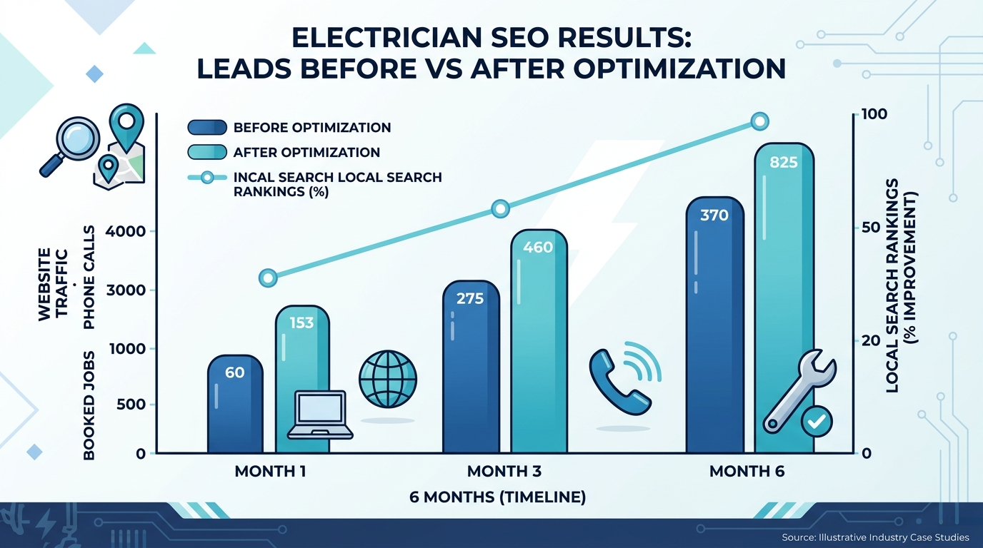 Electrician SEO results chart showing increase in leads, traffic and rankings over 6 months