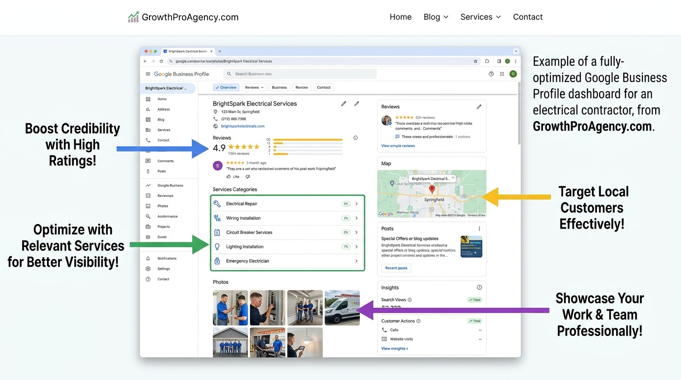Optimized Google Business Profile for electrician showing reviews, services, and local map pin