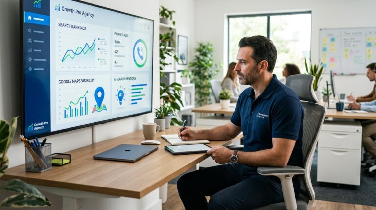 Contractor reviewing SEO dashboard with leads and AI search visibility