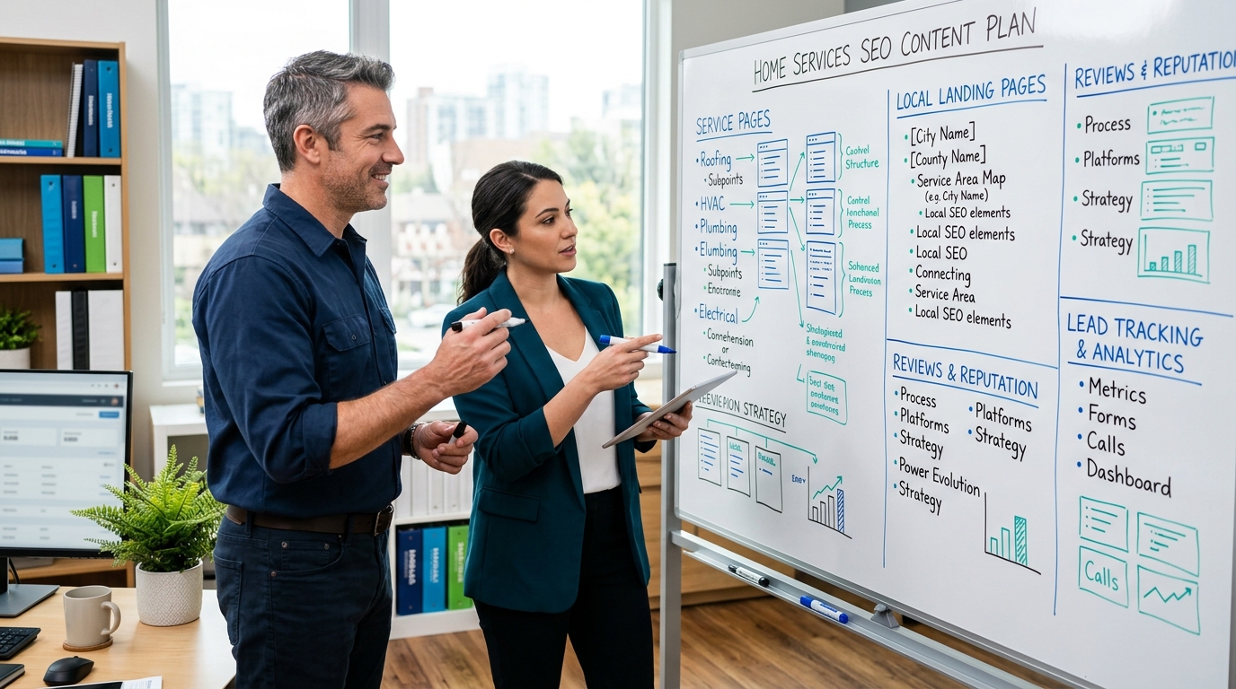 Contractor and marketing strategist planning service pages and local SEO content