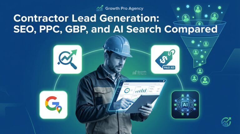 Hero illustration comparing SEO, PPC, GBP, and AI search strategies for generating contractor leads