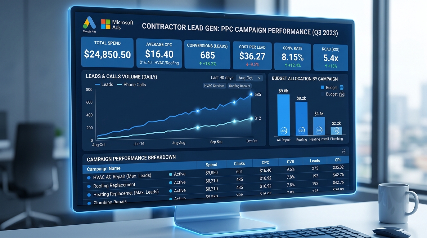 Google Ads performance dashboard demonstrating strong ROI and lead generation for contracting businesses