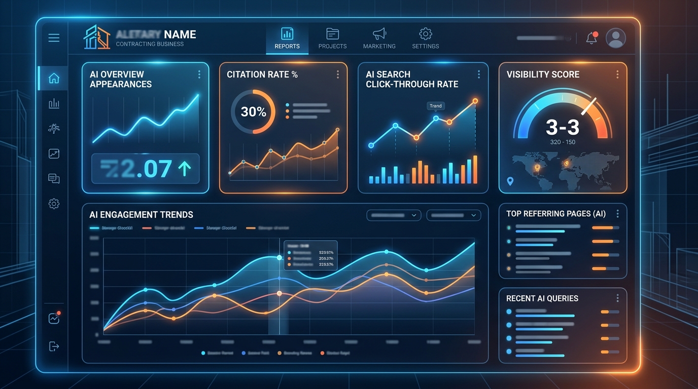 Futuristic analytics dashboard tracking AI Overview visibility and performance for contractors