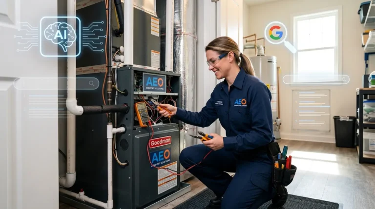 HVAC technician with AI search overlays and local map pack