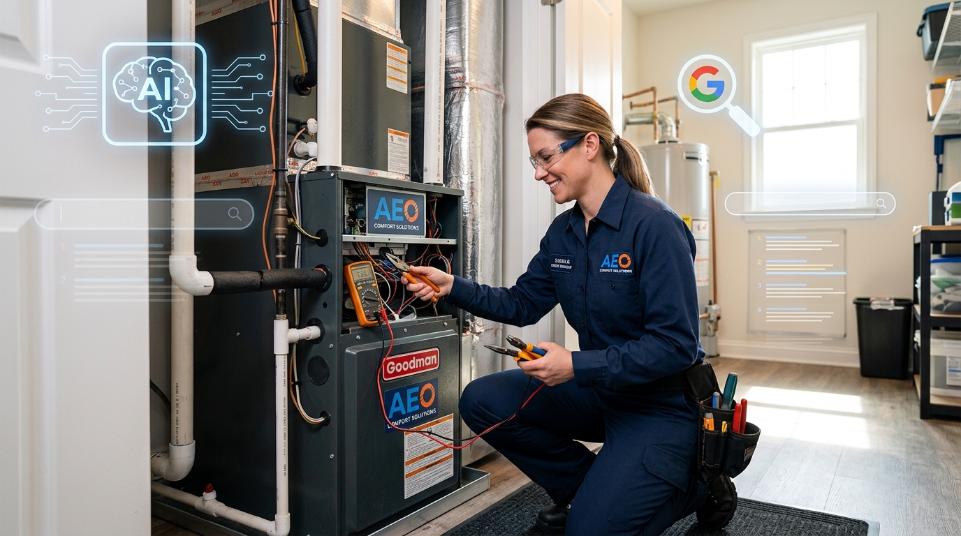HVAC technician with AI search overlays representing AEO strategies for contractors