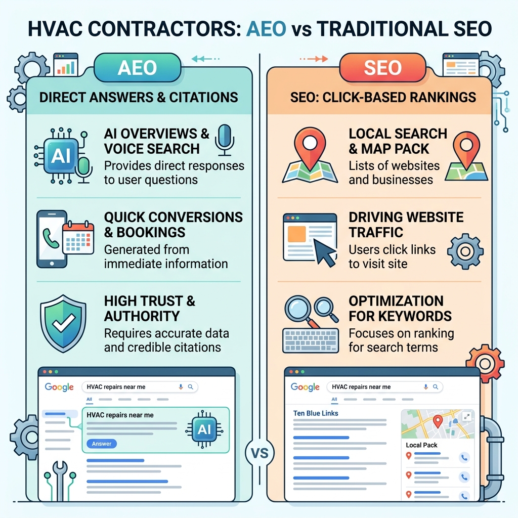 AEO vs traditional SEO comparison chart for contractors