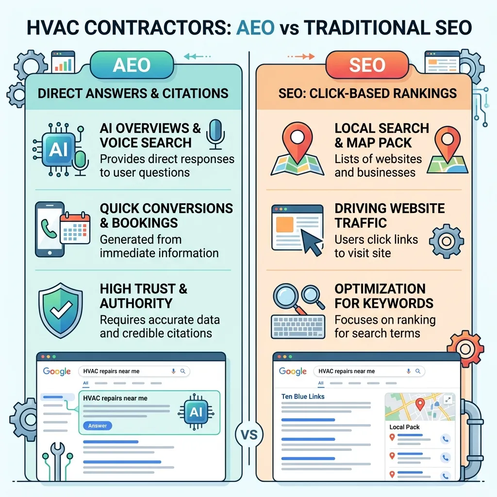 AEO vs traditional SEO comparison chart for contractors