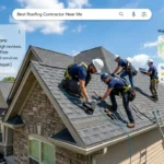 Roofing crew on residential roof with AI search and map pack overlays