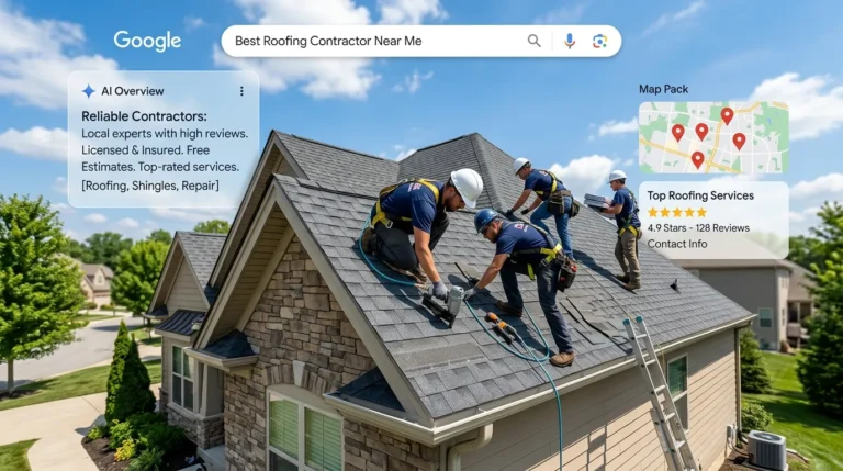 Roofing crew on residential roof with AI search and map pack overlays