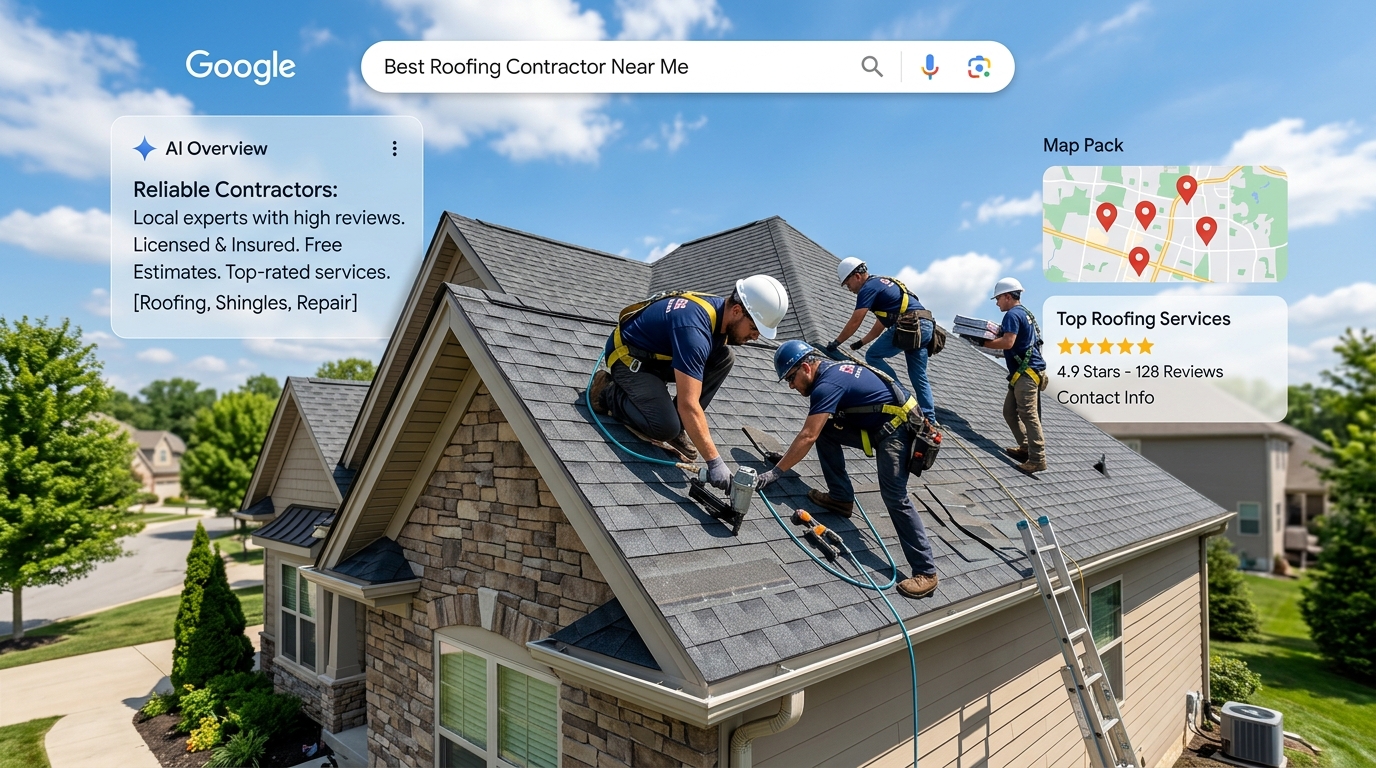 Roofing crew on residential roof with AI search and map pack overlays