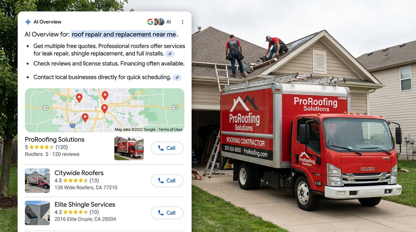 Roofing contractor truck with local map pack and AI results