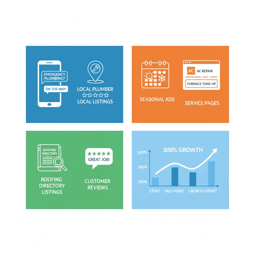 Infographic illustrating trade-specific marketing best practices for plumbing, HVAC, roofing, and lead growth tracking in home services.