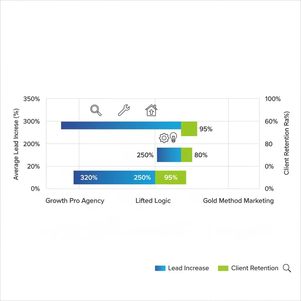 Horizontal bar chart comparing lead increase and client retention metrics for top St. Louis digital marketing agencies serving home services contractors