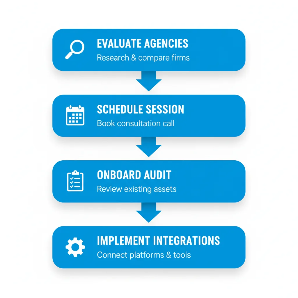 Vertical diagram illustrating four steps to begin a local marketing partnership: evaluating agencies, scheduling session, onboarding with audit, and implementing integrations