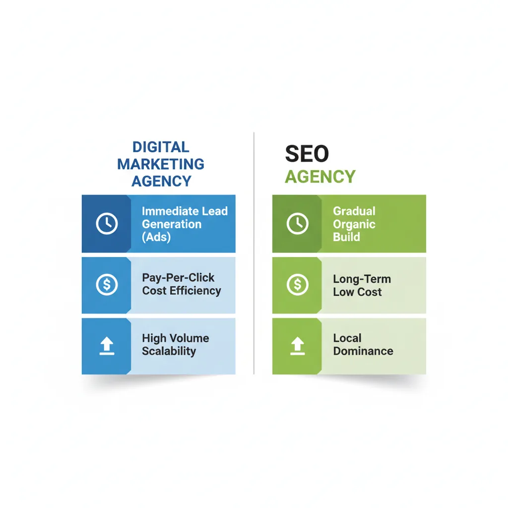 Infographic showing comparison of digital marketing and SEO benefits for home services contractors with icons and minimal labels