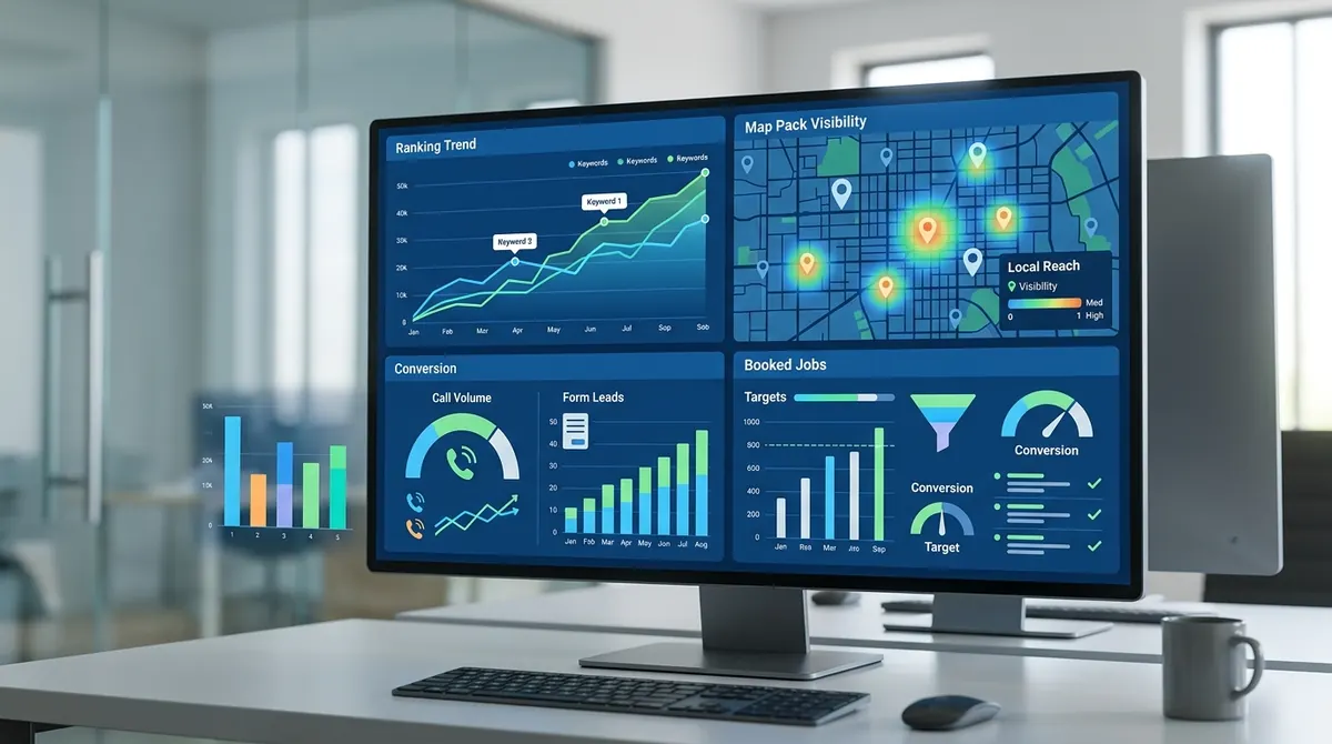 Home services SEO performance dashboard tracking rankings, calls, leads, and booked jobs