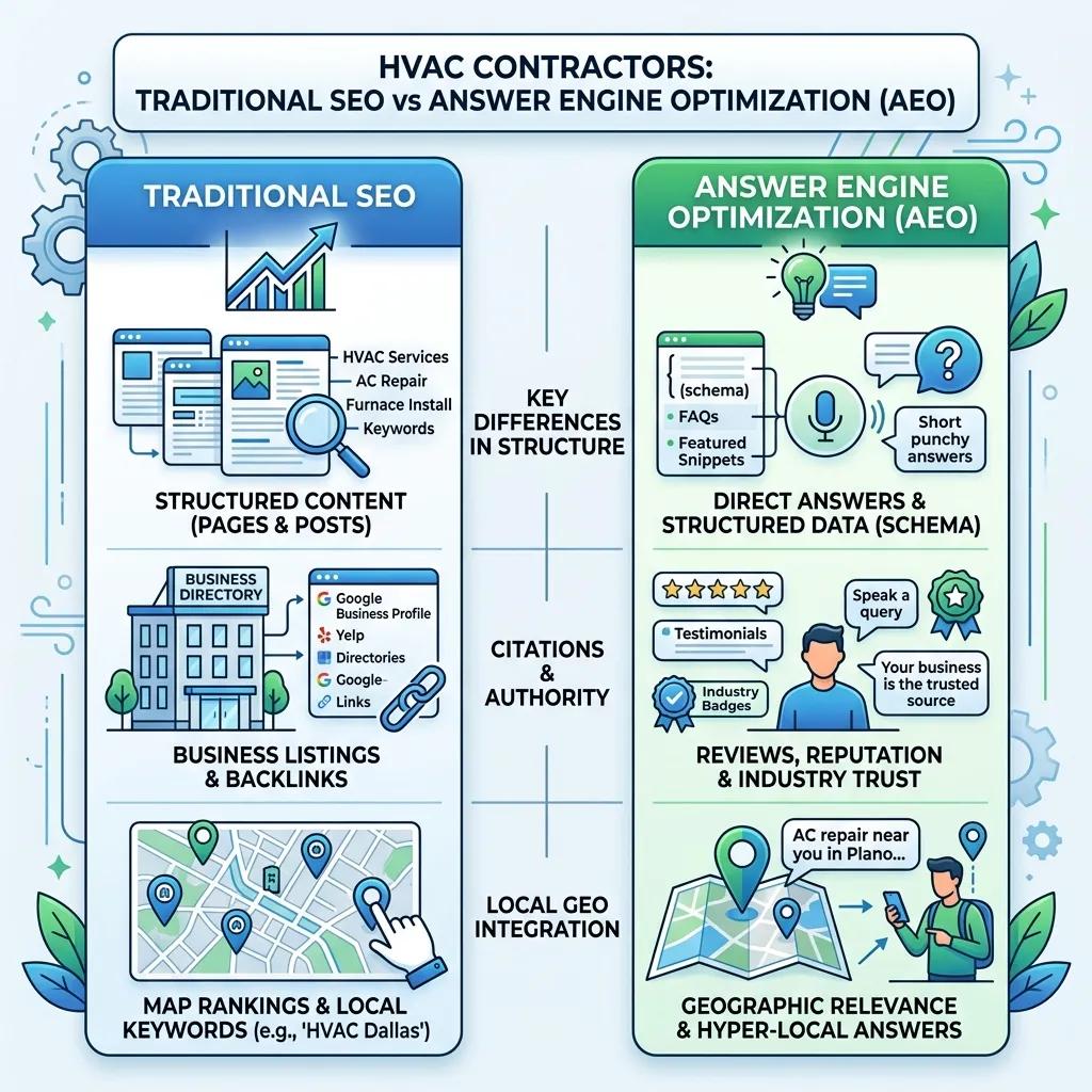 Traditional SEO vs AEO for HVAC contractors infographic