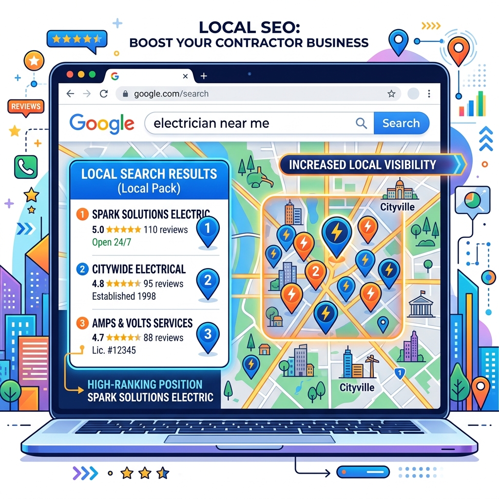 Local search map pack results for electrician near me queries with multiple service providers