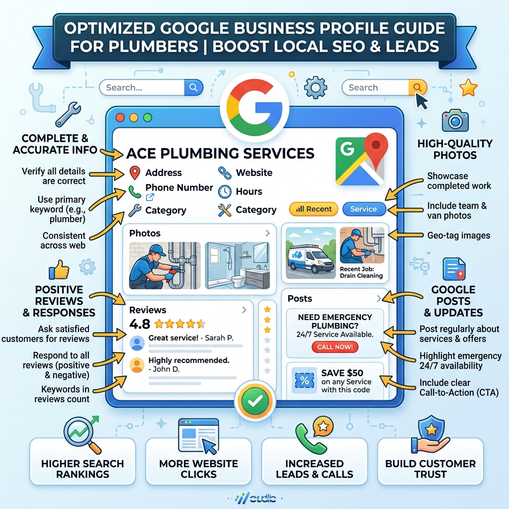 Infographic demonstrating optimized Google Business Profile for a plumbing company including photos, reviews, and service posts