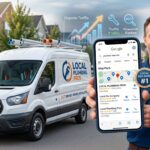 Professional hero image illustrating Plumber SEO with plumbing van, smartphone showing Google Map Pack for local plumbers, and digital SEO elements