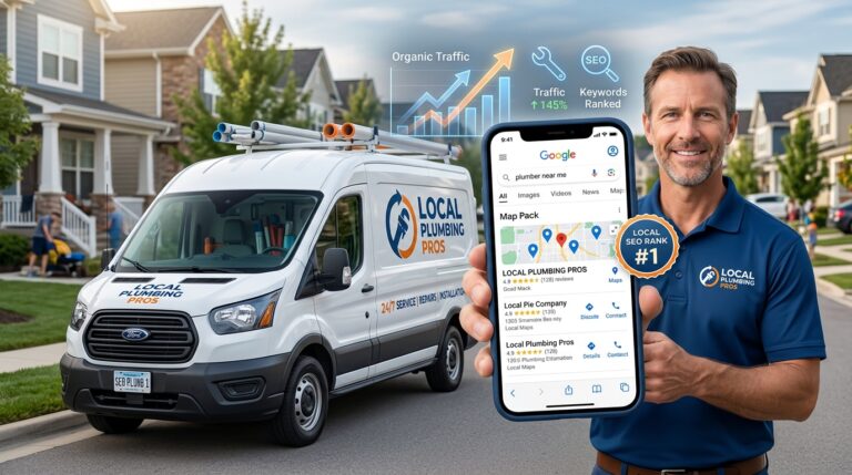 Professional hero image illustrating Plumber SEO with plumbing van, smartphone showing Google Map Pack for local plumbers, and digital SEO elements