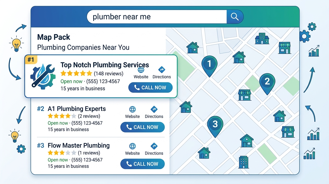 Illustration of Google Map Pack showing top-ranked local plumbing companies in search results for plumber near me