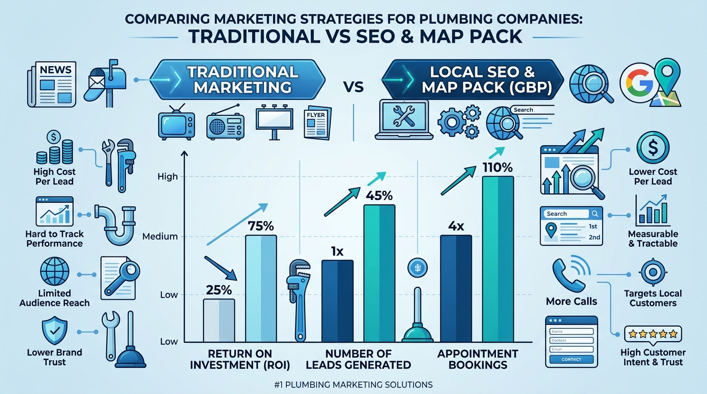 ROI comparison chart showing SEO and Map Pack performance versus traditional advertising for plumbing companies